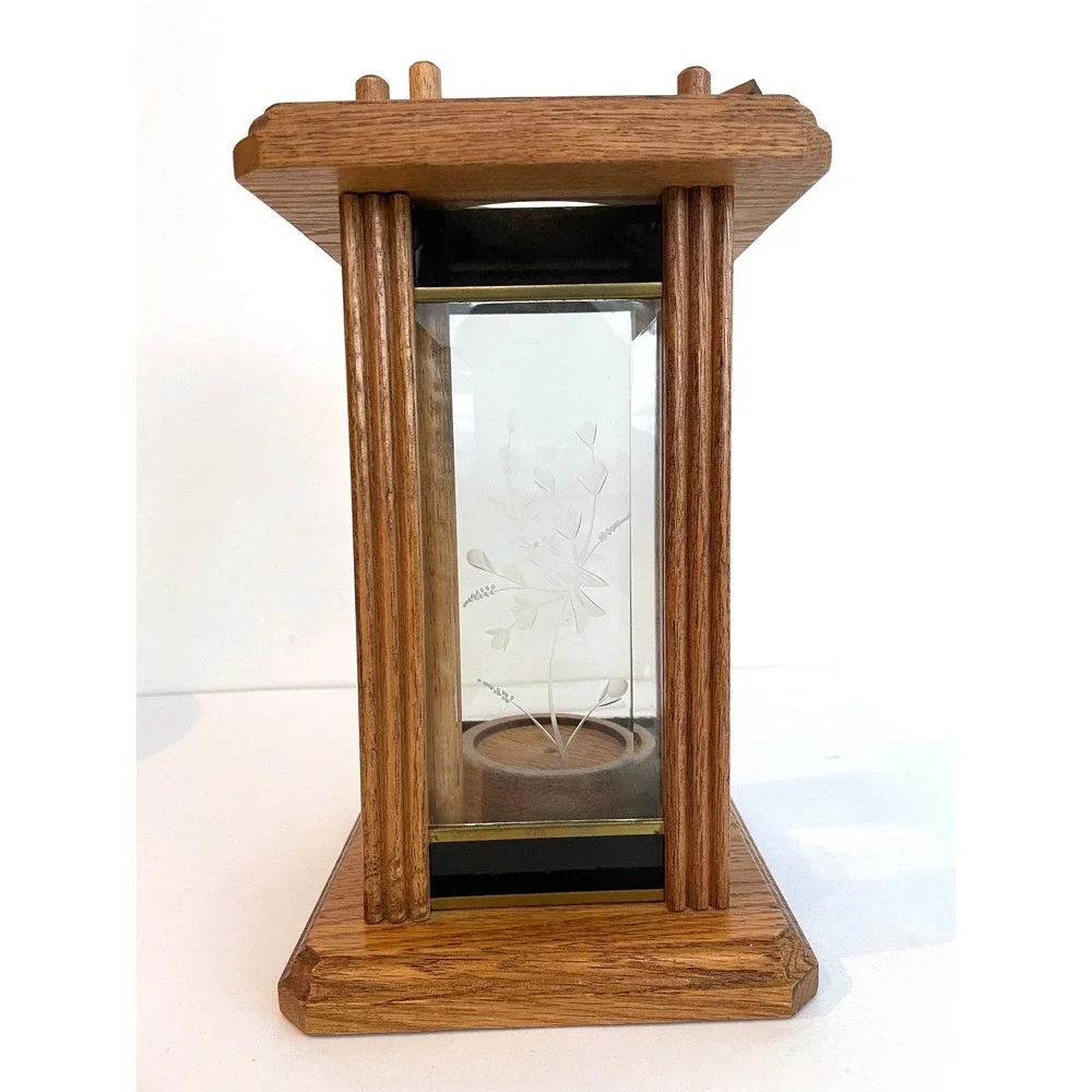 Vintage 80s Oak Wood Etched Glass Bird Lantern Tea Light Candle Holder Handmade